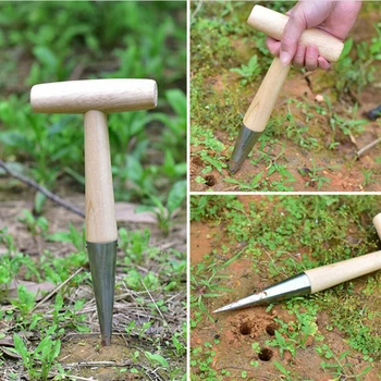 Устройство для заделки почвы Инструменты с деревянной ручкой для растений Дырокол Прочный Садовый Практичный Аксессуар для посадки на открытом воздухе Рыхления почвы