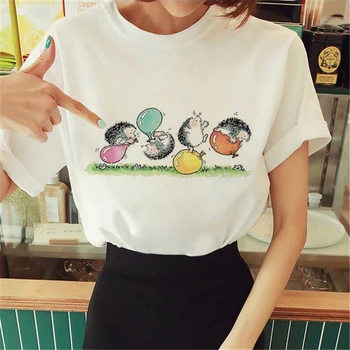 Футболка для девочек 90-х, милый Ежик с забавным принтом из мультфильма, женская футболка с круглым вырезом и коротким рукавом, женская летняя футболка Harajuku, леди