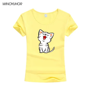 Футболка с милым котом, женская летняя мода, короткий рукав, круглый вырез, футболка с мультяшными животными, Camiseta Femenina