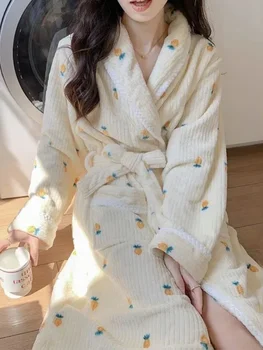Халаты Женские, милый дизайн, Свободная мода, Элегантный Корейский стиль, карманы для отдыха, Зимняя домашняя одежда в стиле ретро, утепленная теплая Женская одежда для отдыха
