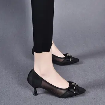 Черная женская летняя обувь, туфли-лодочки на высоком каблуке, женская обувь 2023 года на каблуке с бантом, бесплатная доставка и низкая цена