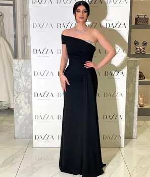 Черные вечерние платья Русалка с блестящими бусинами на одно плечо, простое вечернее платье длиной до пола для женщин, выпускные платья 2024 года