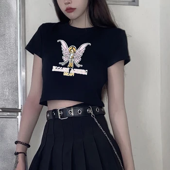 Черные укороченные топы с бабочками и буквенным принтом Y2K, летняя уличная одежда в корейском стиле, футболка с круглым вырезом, женские футболки с коротким рукавом, одежда