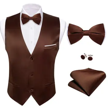 Шелковый жилет для мужчин, Однотонный, коричневый, кофейного цвета, Жилет для свадебной деловой вечеринки, комплект с галстуком-бабочкой, куртка без рукавов Barry Wang