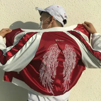 Шикарный бомбер унисекс Harajuku wings, вышитая атласная бейсбольная куртка, осенний свободный летный костюм для пар, пальто на молнии с крыльями, верхняя одежда