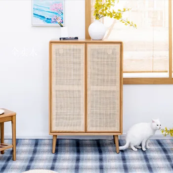 Шкаф для обуви из ротанга в скандинавском японском стиле с двойной дверью из массива дерева, плетеный из ротанга, дубовое простое современное хранилище в спальне, выдолбленный коридор