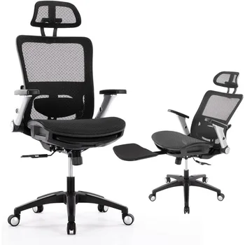 Эргономичный офисный стул из сетки с пуфиком, компьютерное кресло руководителя с высокой спинкой, подголовником и 4D откидными подлокотниками - черный