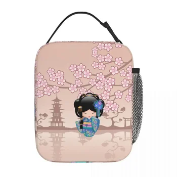 Японская кукла Кокеши, Голубое кимоно, аксессуары для девочек-гейш, изолированная сумка для ланча, цветы японской сакуры, термоохладитель, коробки для бенто.