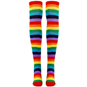 Яркие носки в радужную полоску выше колена, высокие чулки в полоску от костюма клоуна для косплей-вечеринок на Хэллоуин.