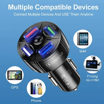 автомобильное зарядное устройство с 4 портами USB Type C, быстрая зарядка, зарядное устройство QC 3.0, адаптер для телефона для iPhone, Huawei Samsung, автомобильные аксессуары